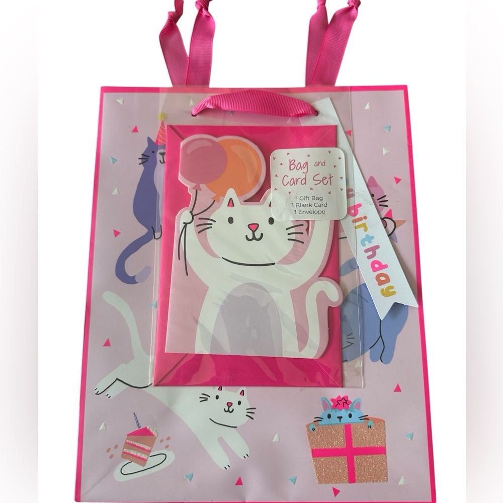 New Pack of 15 -Pink Birthday Cat Gift Bag and Card Set